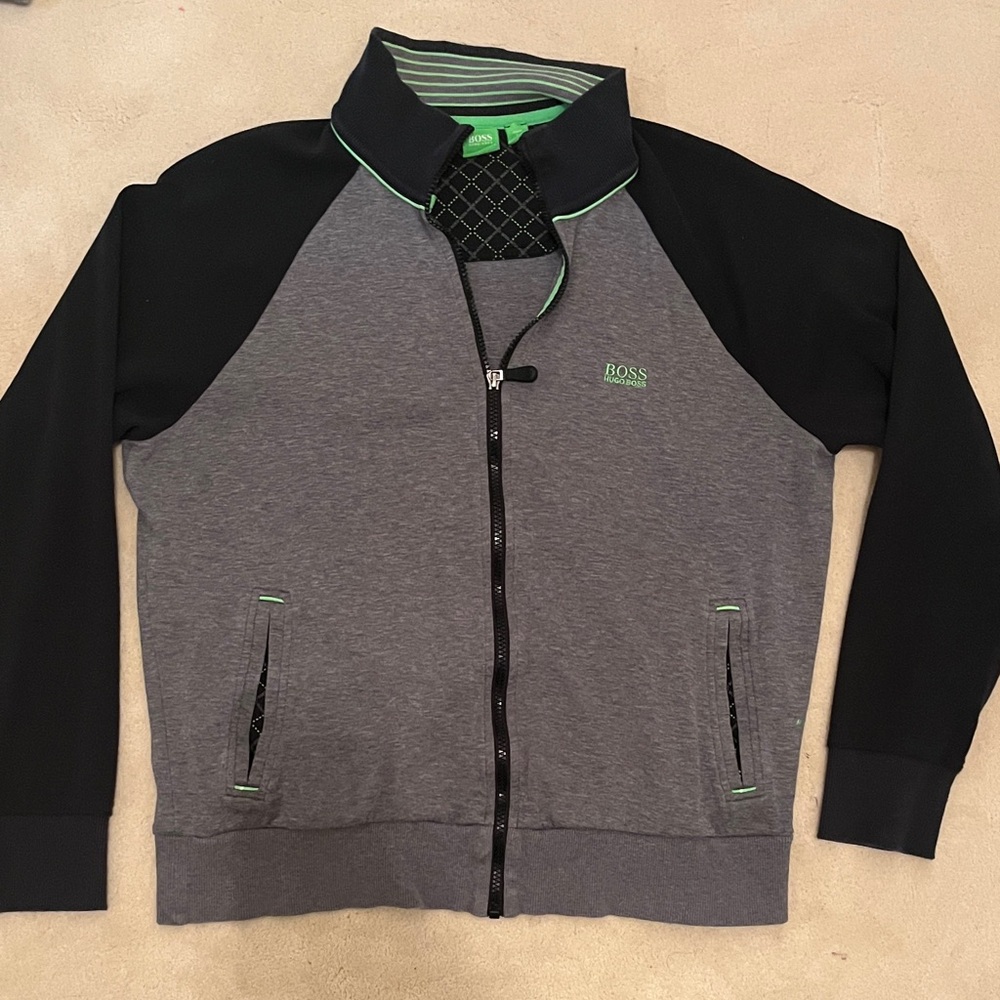 BOSS Green Gray and Black Zip-Front Jacket with Green Accents size large
